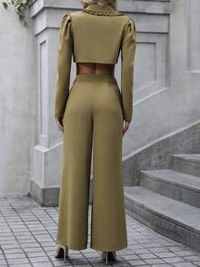 SHEIN Clasi Chất rắn Nút phía trước Áo Jacket Crop & Quần ống rộng - Màu Khaki - Xem 2