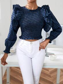 GENKIRA Gingham Print Ruffle Trim Lantern Sleeve Crop Blouse - Multicolor - View 4