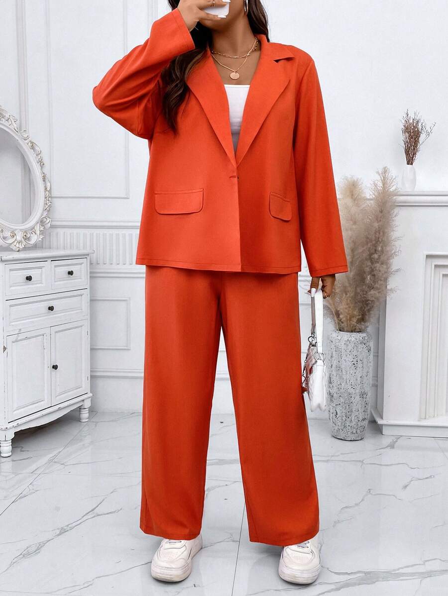 SHEIN Unity Talla grande Pantalones con blazer de cuello con solapa con botón - Naranja - Ver 1