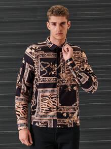 SHEIN Cottnline Men Chain And Floral Print Shirt - Black - View 4