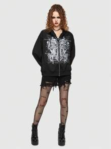Goth 交叉&翅膀圖案拉鏈開襟抽繩連帽衫 - 黑色 - 查看 1