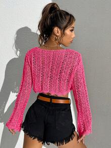 SHEIN EZwear Hollow Out Scallop Trim Crop Sweater - Hot Pink - View 2