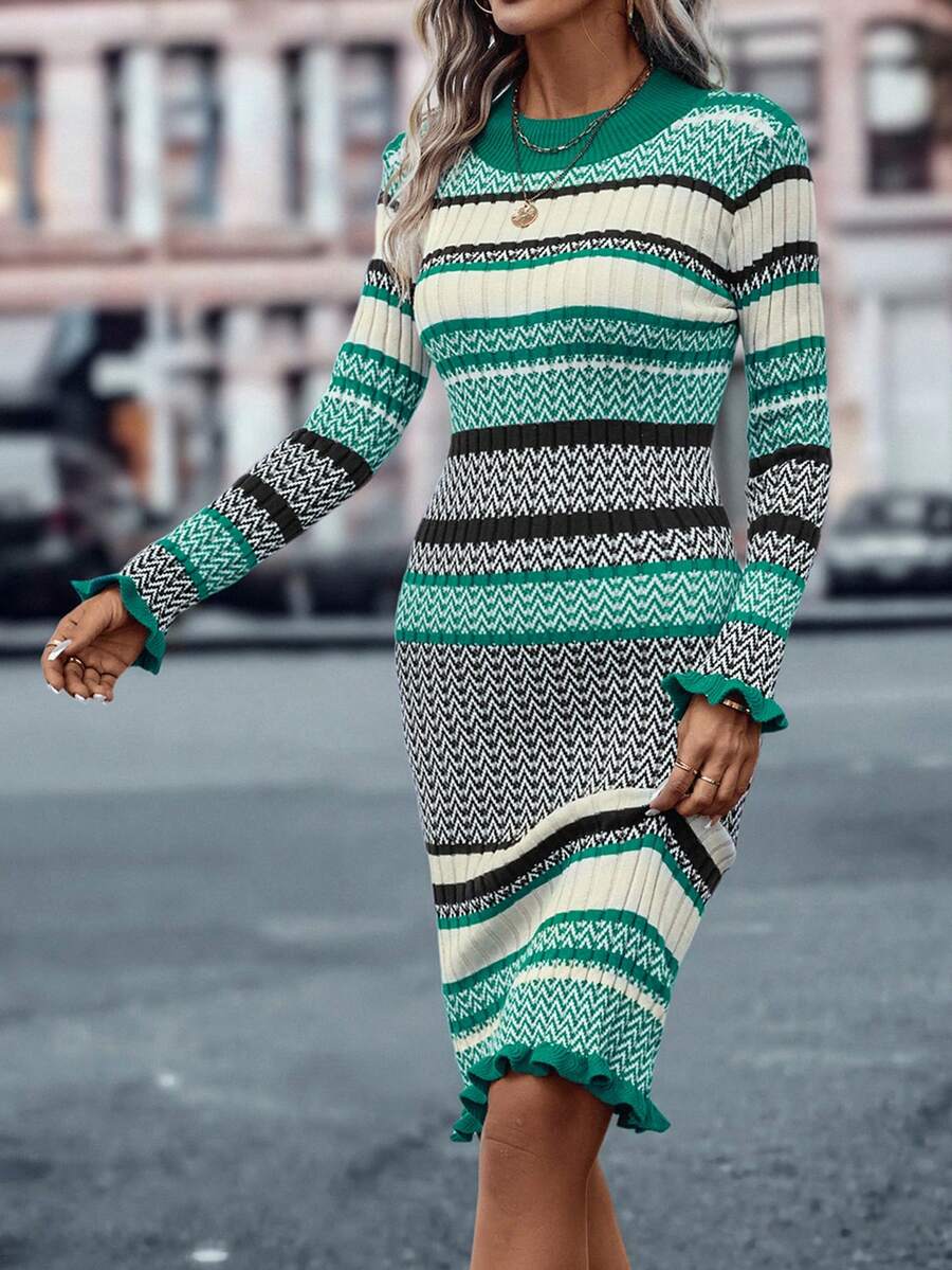 SHEIN LUNE Chevron Pattern Flare Sleeve Ruffle Hem Sweater Dress - Multicolor - View 1