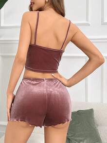 蕾丝边蝴蝶结前吊带背心和短裤睡衣套装/睡衣套装 - 藕粉色 - 查看 2