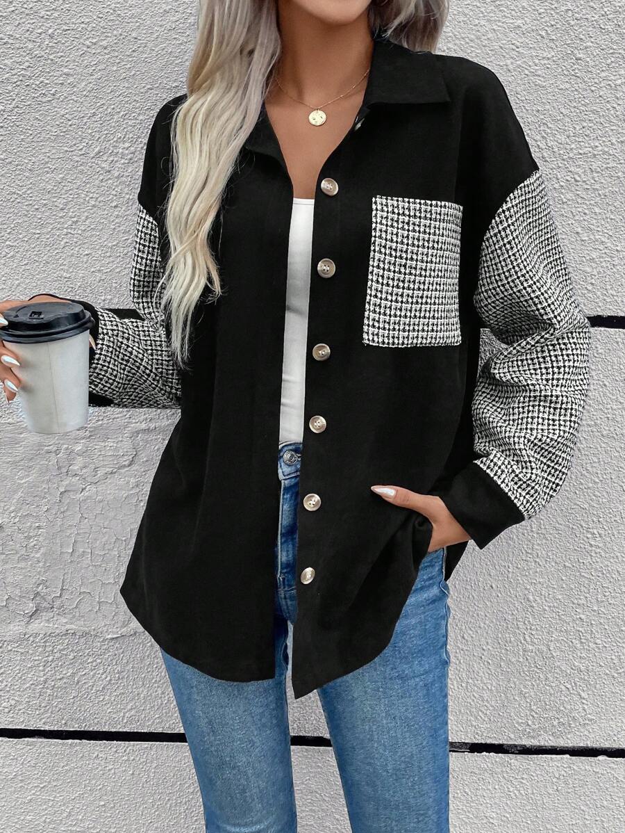 EMERY ROSE In Houndstooth Thả vai Vá Túi Nút phía trước áo - màu đen - Xem 1