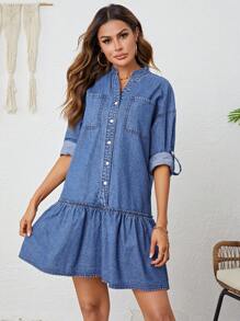 SHEIN LUNE Patched Pocket Drop Shoulder Ruffle Hem Denim Dress - Medium Wash - View 3