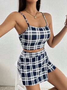 SHEIN PETITE In kẻ sọc Cami ngọn & Bọc Váy quần - Xanh đậm - Xem 4