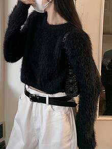 Alicedudu 纯色短款蓬松毛衣，长袖上衣 - 黑色 - 查看 4