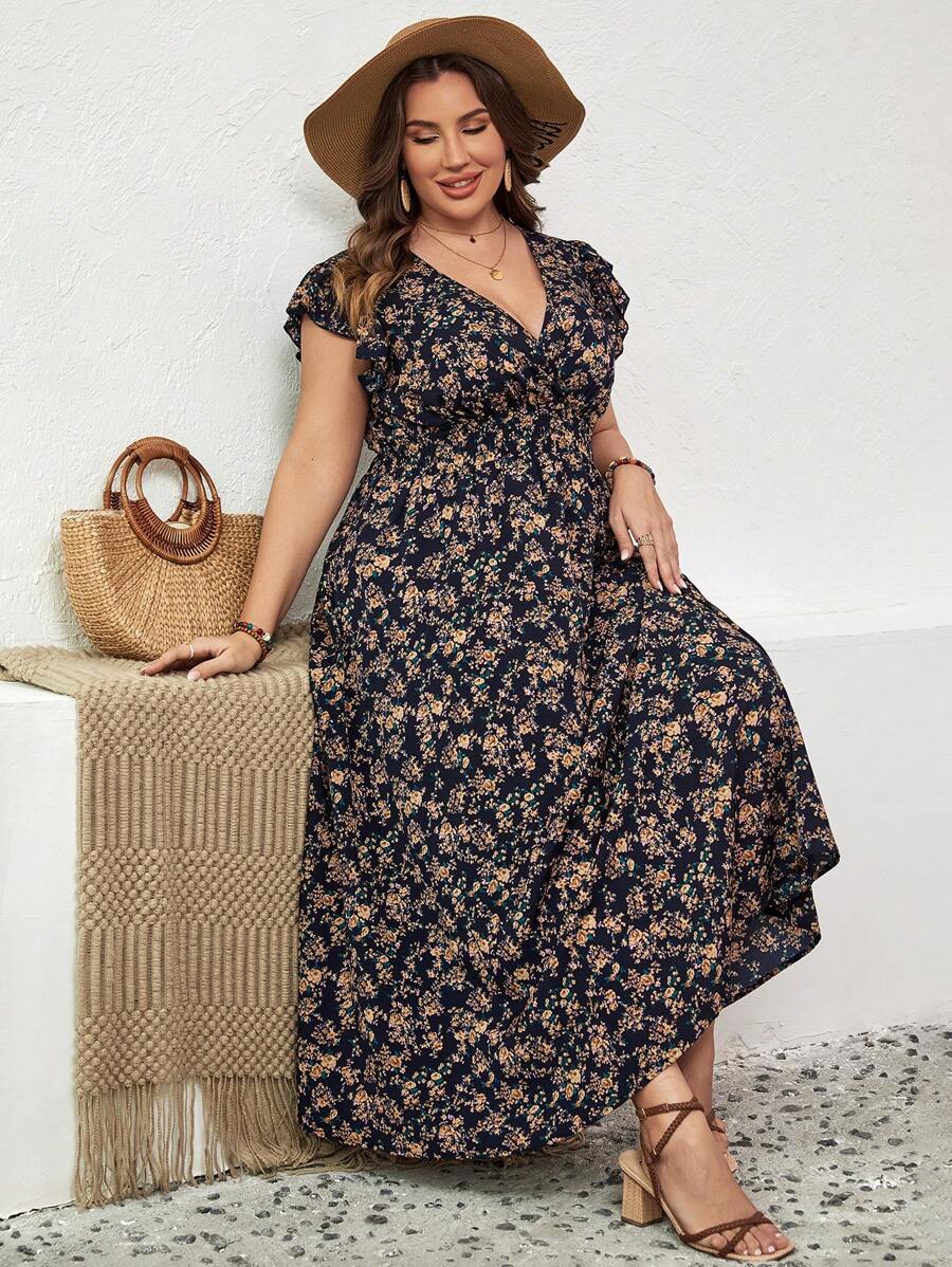 SHEIN VCAY 大尺碼微型花朵印花蝴蝶袖夏日連衣裙 - 彩色 - 查看 1