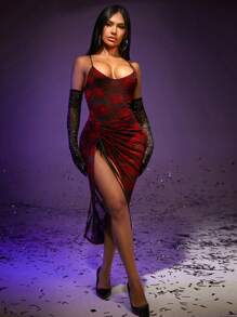 SHEIN SXY 萬聖節蜘蛛網印花抽繩高衩吊帶洋裝不帶袖子 - 彩色 - 查看 1