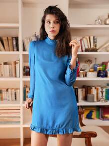SHEIN Frenchy Vestido unicolor bajo con fruncido sin cinturón - Azul - Ver 6