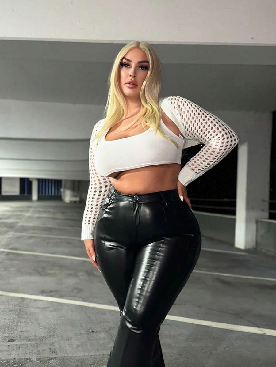 SHEIN SXY 大碼素色網眼針織短款開衫 - 白色 - 查看 1