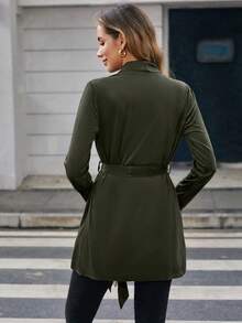 SHEIN Clasi 大翻領不對稱下擺腰帶外套 - 軍綠色 - 查看 2