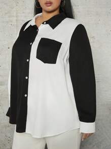 SHEIN CURVE+ Plus Two Tone Patched Pocket Shirt - Black and White - View 5