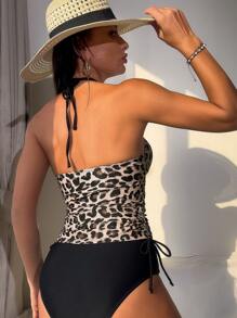 豹紋束邊領口連帶式泳裝背心 - 彩色 - 查看 2
