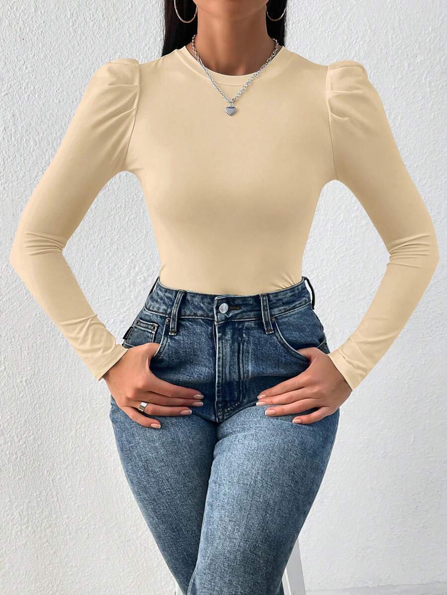 SHEIN Privé Chất rắn Ống tay áo Áo thun - Màu be - Xem 1