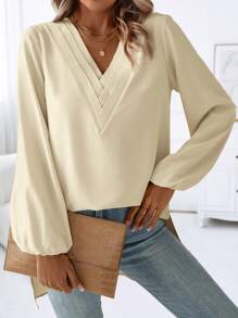 SHEIN Clasi 素色V領燈籠袖襯衫 - 杏色 - 查看 6