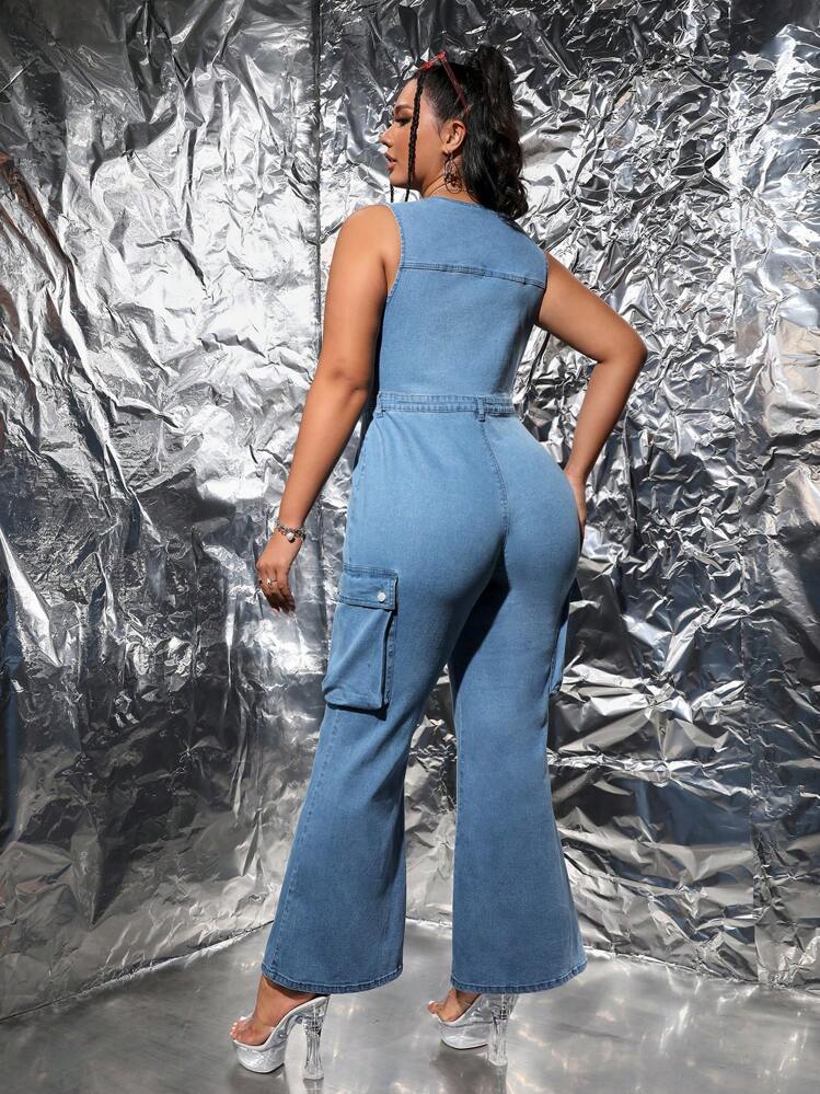SHEIN ICON Plus Flap Pocket Flare Leg Denim Jumpsuit Without Belt - Medium Wash - View 2