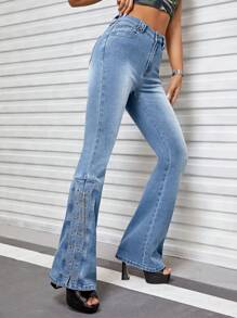 SHEIN ICON Ren Up Side Quần ống loe - Rửa trung bình - Xem 2