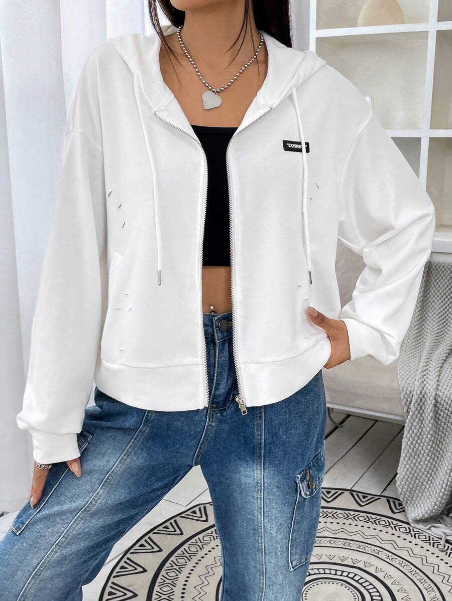 SHEIN EZwear 字母補丁細節落肩袖抽繩拉鍊連帽衫 - 白色 - 查看 1
