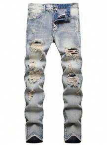 Men Ripped Frayed Bleach Wash Jeans - Medium Wash - View 1