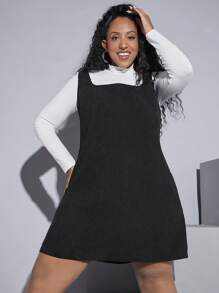 SHEIN CURVE+ Plus Solid Corduroy Dress Without Tee - Black - View 3