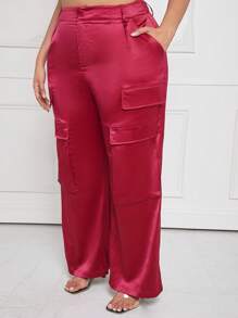 SHEIN SXY Plus Flap Pocket Side Wide Leg Pants - Watermelon Pink - View 1