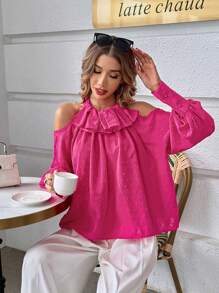 SHEIN Privé Swiss Dot Cold Shoulder Ruffle Trim Lantern Sleeve Blouse - Hot Pink - View 1