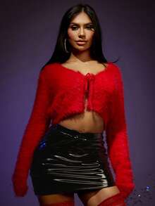 SHEIN SXY Halloween Tie Front Crop Fuzzy Cardigan - Red - View 4