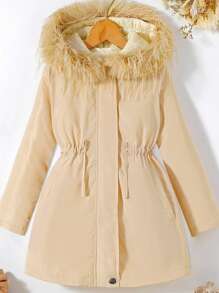 SHEIN Tween Girl Fuzzy Trim Hooded Drawstring Waist Coat - Khaki - View 1