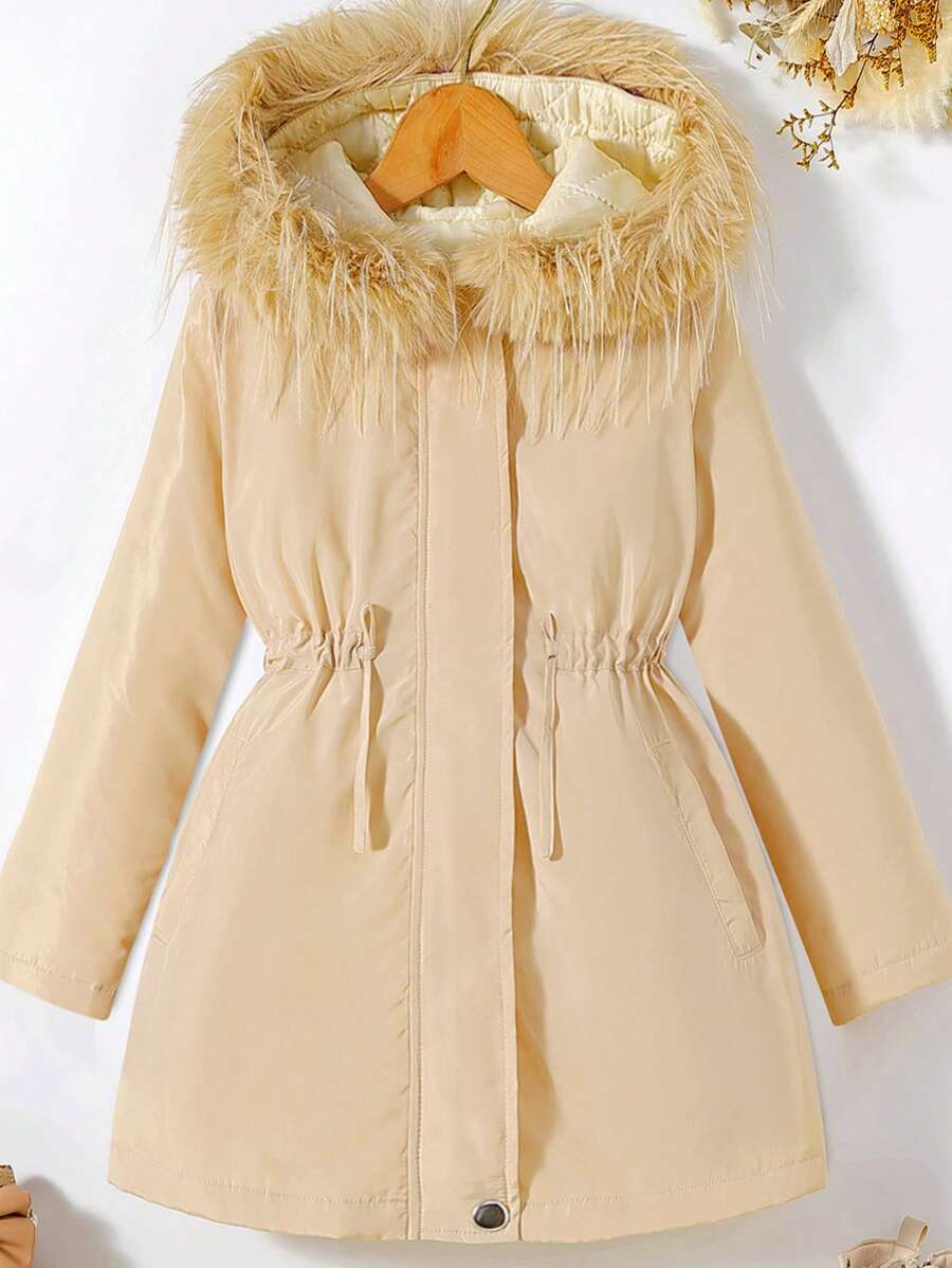 SHEIN Tween Girl Fuzzy Trim Hooded Drawstring Waist Coat - Khaki - View 1