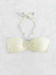 SHEIN Swim 環鏈繞頸珍珠串珠比基尼泳裝上衣 - 米色 - 查看 3