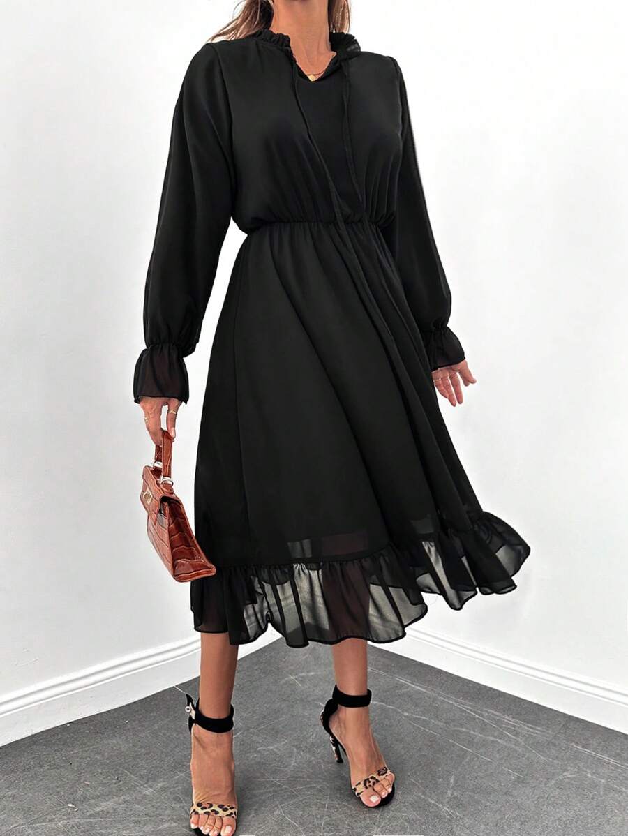 EURMUSE Casual Solid Color Long Sleeve Waist Cinched Women Long Dresses - Black - View 1