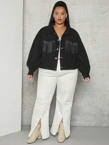 SHEIN CURVE+ Áo khoác nhung kẻ trễ vai có viền viền Plus - màu đen - Xem 5