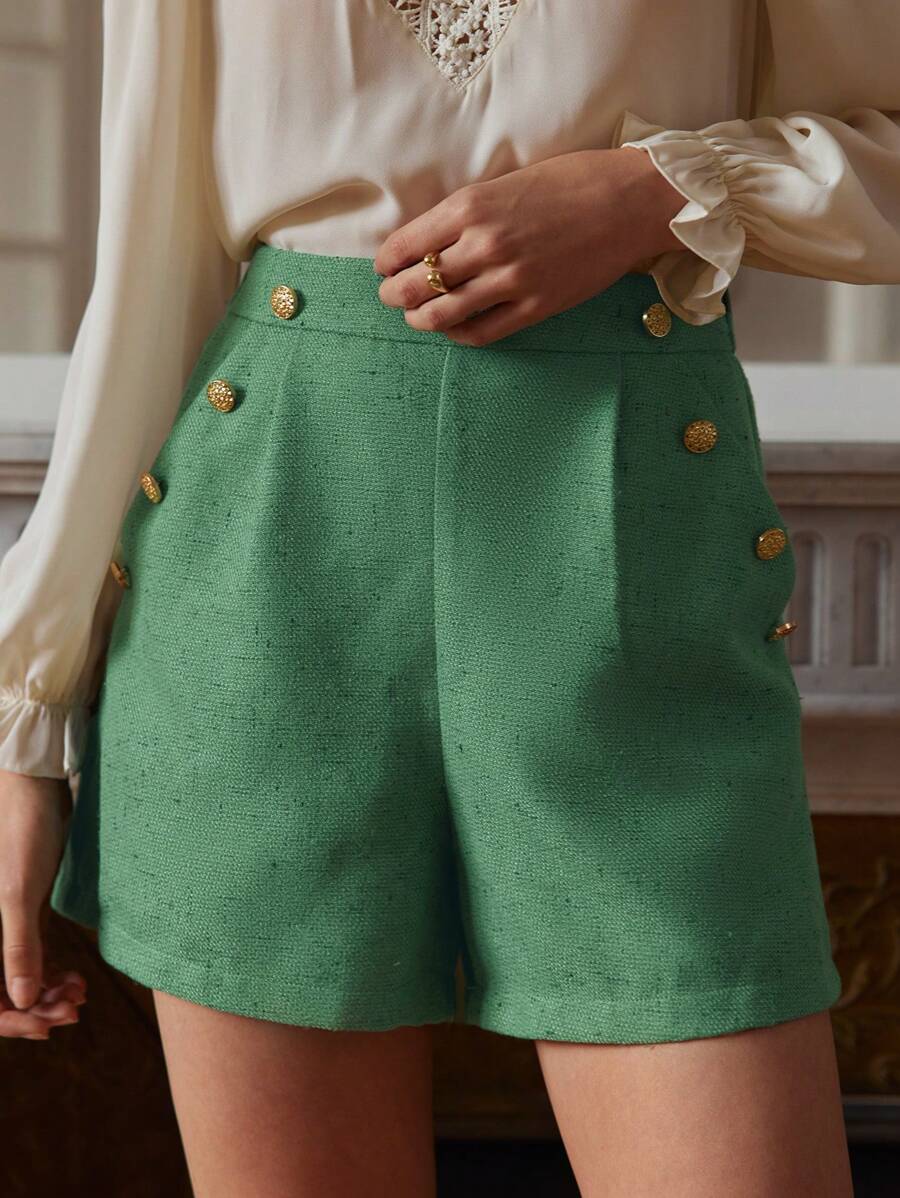 SHEIN Frenchy Shorts de pierna ancha con diseño de botón - Verde - Ver 1