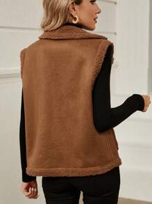 SHEIN LUNE 女式灯芯绒领口拼接麂皮背心夹克，带侧袋，休闲保暖秋冬装 - 棕色 - 查看 2