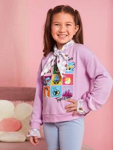 THE POWERPUFF GIRLS X SHEIN Cô gái Tween Đồ họa Hoạt hình Thả vai Áo chui đầu Không có khăn - Màu Lilac Tím - Xem 5