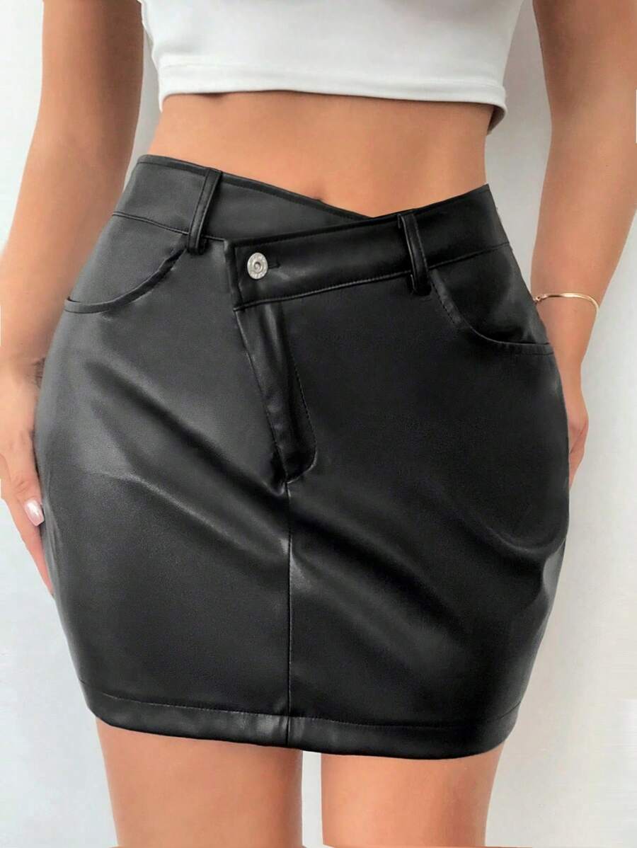 SHEIN SXY 不對稱腰亮面包臀半身裙 - 黑色 - 查看 1