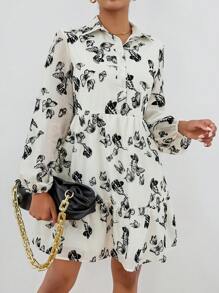 SHEIN Essnce 蝴蝶圖案燈籠袖荷葉邊襯衫洋裝