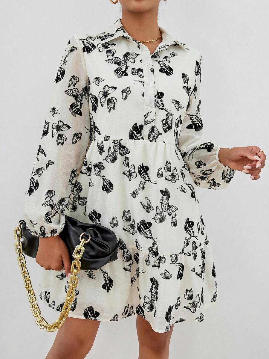 SHEIN Essnce 蝴蝶圖案燈籠袖荷葉邊襯衫洋裝
