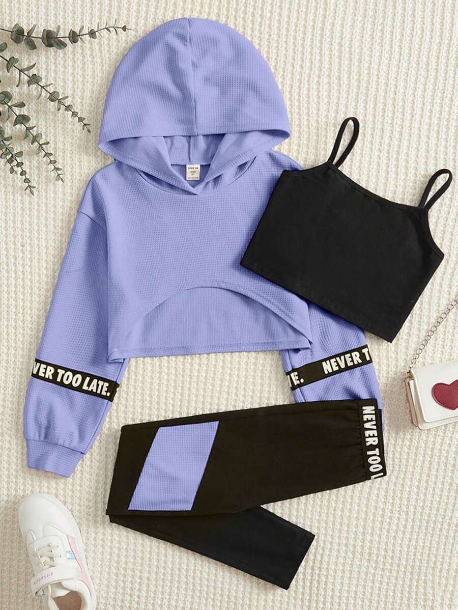 SHEIN Leap Crew Cô gái Tween Slogan Bảng điều khiển băng Hem cao thấp Hoodie & Cami ngọn & Xà cạp - Màu Lilac Tím - Xem 1