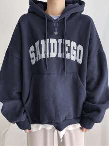 DAZY Sudadera con capucha de manga larga con bolsillo canguro, hombros caídos y cordón, con estampado de letras