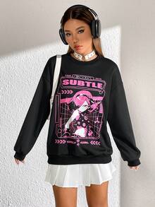 SHEIN Unity Figure & Letter Graphic Drop Shoulder Sweatshirt - Black - View 6