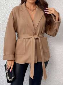 Celure 大碼西裝領雙口袋落肩袖腰帶花呢外套 - 卡其色 - 查看 1