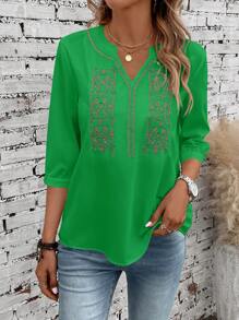 EMERY ROSE Geo Print Notched Neckline Blouse - Green - View 4