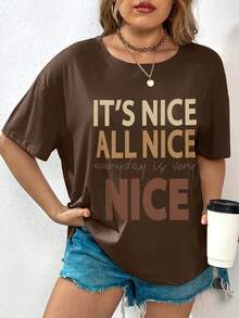 Plus Slogan Graphic Drop Shoulder Tee - Coffee Brown - View 3