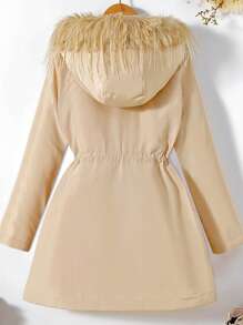 SHEIN Tween Girl Fuzzy Trim Hooded Drawstring Waist Coat - Khaki - View 2