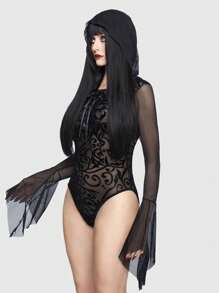 ROMWE Goth 滿版圖案荷葉袖網紗性感緊身連體衣