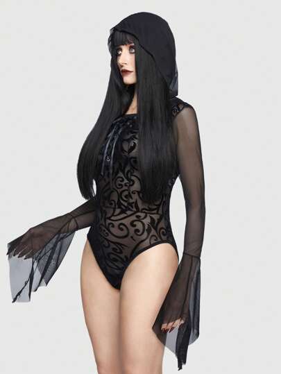 Goth بدسويت تيدي بطباعة متكررة اكمام منتفضة شبكة