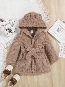 SHEIN Baby Girl 3D Ear Design Hooded Belted Flannel Sleep Robe - Khaki - View 1